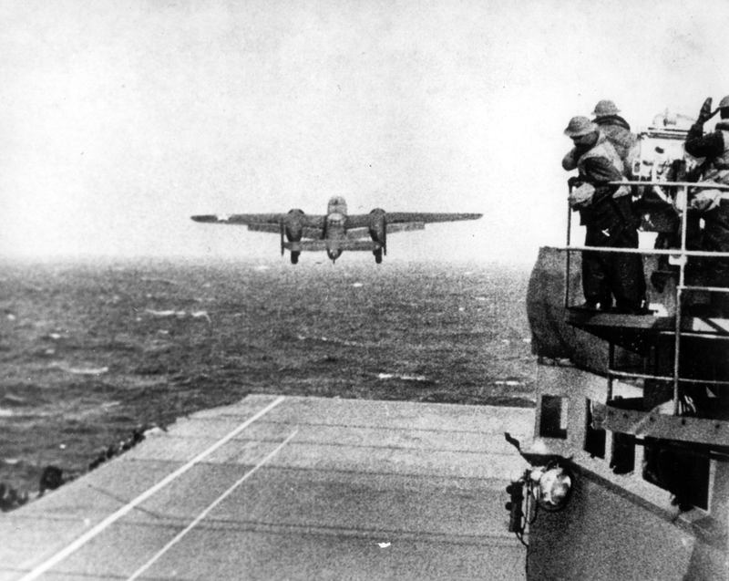 A B-25 bomber takes off from the flight deck of the USS Hornet, bound for Japan.